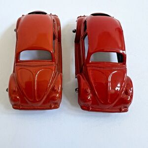 2 Tootsie Toy Volkswagen Beetle Bugs USA Metal Toy Cars Thin Wheels 60's Red